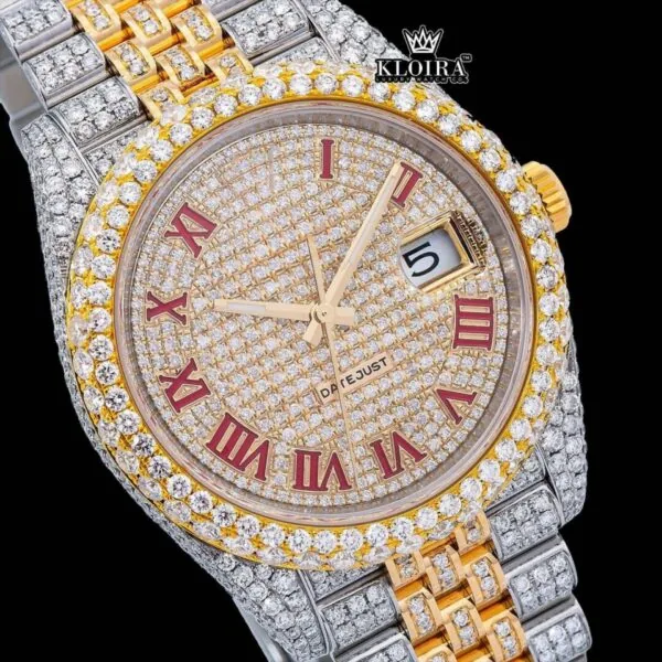 Red Roman Numerals Dial Date Window Two Tone Moissanite Watch Close Up Dial View