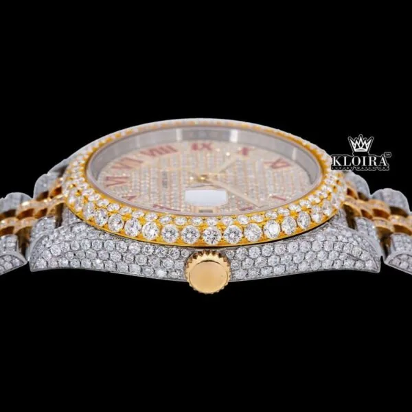 Red Roman Numerals Dial Date Window Two Tone Moissanite Watch Crown View
