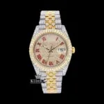 Red Roman Numerals Dial Date Window Two Tone Moissanite Watch