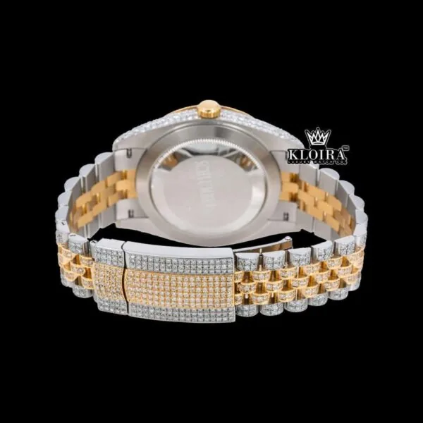 Red Roman Numerals Two Tone Iced Out Moissanite Diamond Watch Caseback View