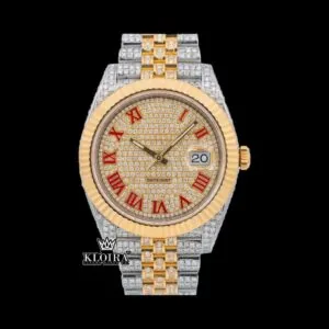 Red Roman Numerals Two Tone Iced Out Moissanite Diamond Watch