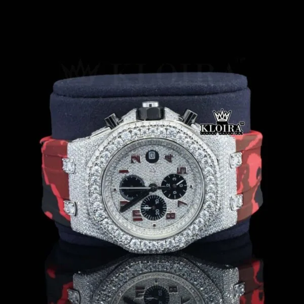Red Rubber Strap Silver Dial Iced Out Moissanite Diamond Chrono Watch Close Up Front View