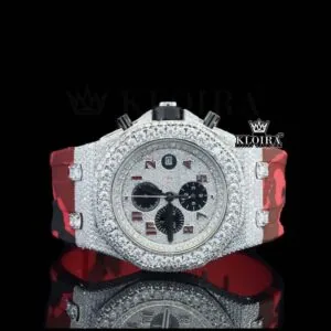 Red Rubber Strap Silver Dial Iced Out Moissanite Diamond Chrono Watch