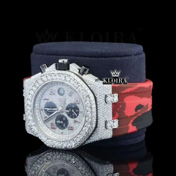 Red Rubber Strap Silver Dial Iced Out Moissanite Diamond Chrono Watch Left Profile View