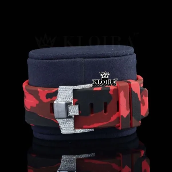 Red Rubber Strap Silver Dial Iced Out Moissanite Diamond Chrono Watch Strap View