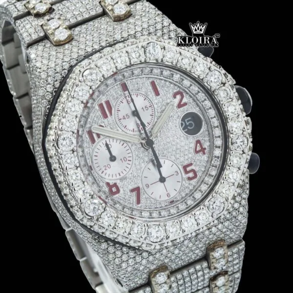 Red Standard Numerals Chronograph Dial Moissanite Watch Close Up Dial View