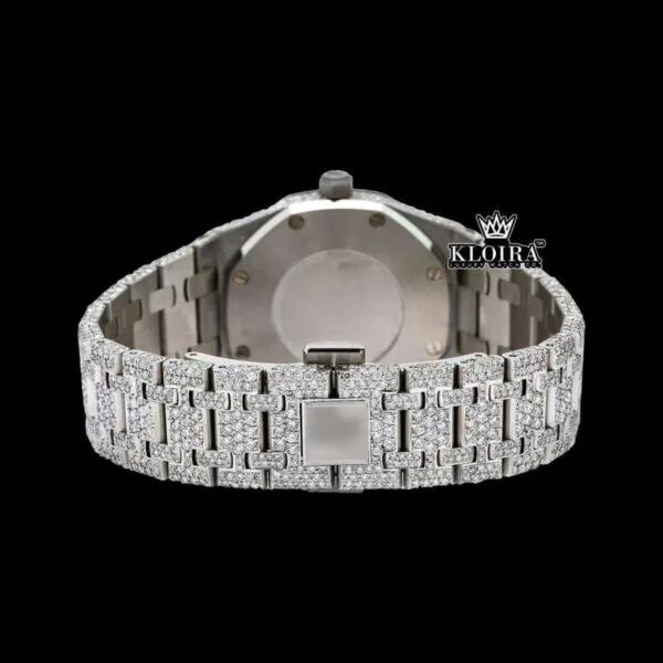 Red Stick Markers White Dial Fully Iced Out Moissanite Diamonds Watch Caseback View