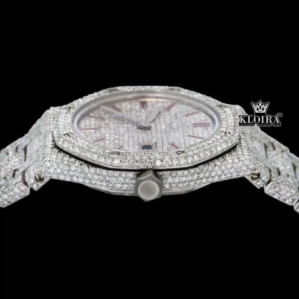 Red Stick Markers White Dial Fully Iced Out Moissanite Diamonds Watch Crown View