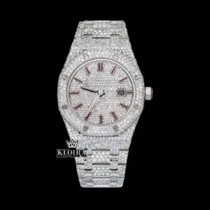 Red Stick Markers White Dial Fully Iced Out Moissanite Diamonds Watch