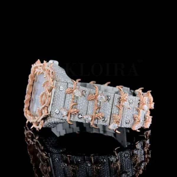 Roman Dial Thorn Bezel Two Tone Moissanite Diamond Watch Left Side View