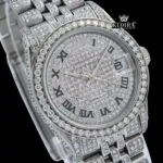 Roman Numeral Full Iced Out Silve Dial Moissanite Diamond Watch Close Up Dial View