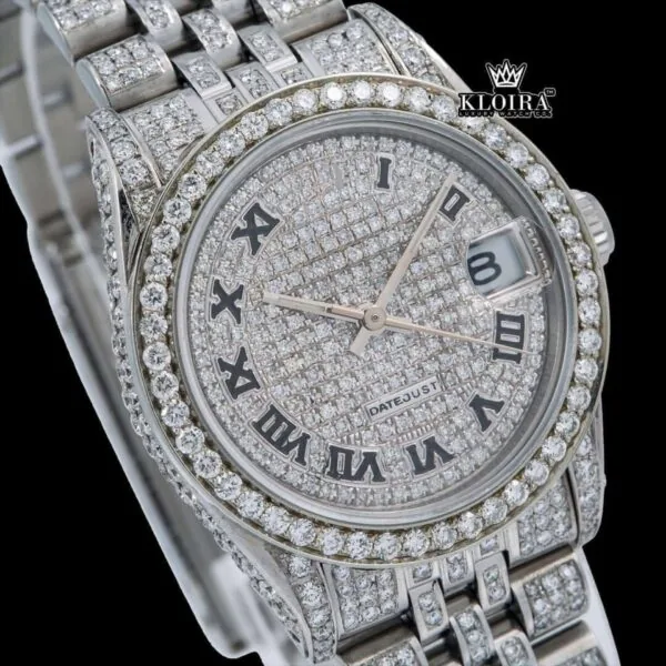 Roman Numeral Full Iced Out Silve Dial Moissanite Diamond Watch Close Up Dial View