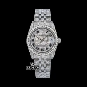 Roman Numeral Full Iced Out Silver Dial Moissanite Diamond Watch