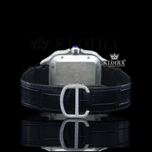 Roman Numerals Black Dial Black Leather Strap Moissanite Diamond Watch Caseback View
