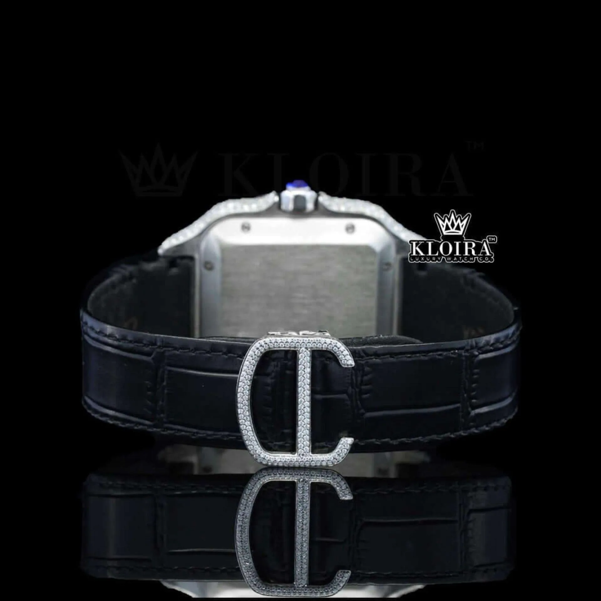 Roman Numerals Black Dial Black Leather Strap Moissanite Diamond Watch Caseback View