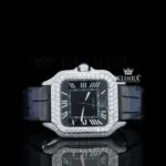 Roman Numerals Black Dial Black Leather Strap Moissanite Diamond Watch Front View