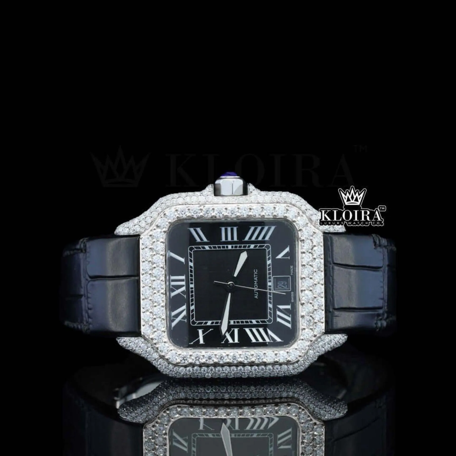 Roman Numerals Black Dial Black Leather Strap Moissanite Diamond Watch Front View