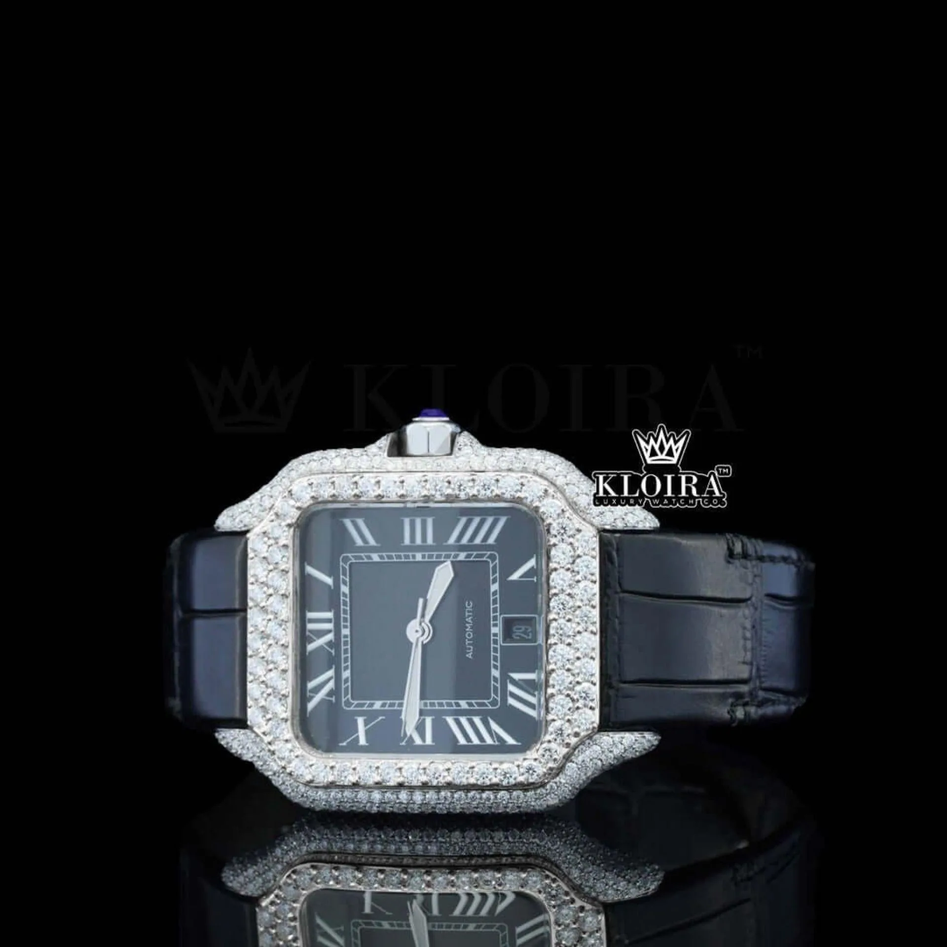 Roman Numerals Black Dial Black Leather Strap Moissanite Diamond Watch Left Profile View