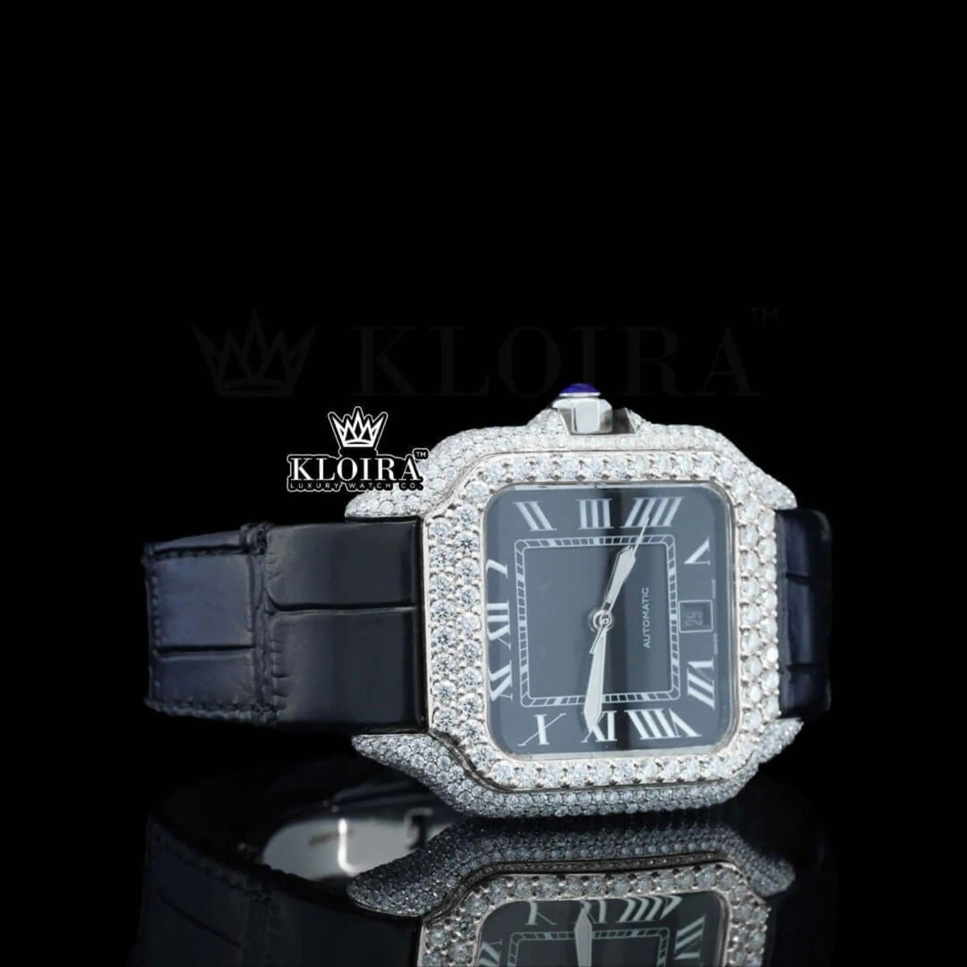 Roman Numerals Black Dial Black Leather Strap Moissanite Diamond Watch Right Profile View