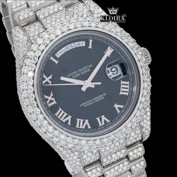 Roman Numerals Black Dial Day-Date Window Iced Out Moissanite Watch Close Up Dial View
