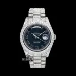 Roman Numerals Black Dial Day-Date Window Iced Out Moissanite Watch