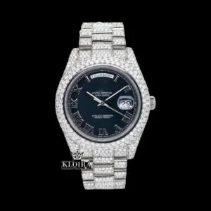 Roman Numerals Black Dial Day-Date Window Iced Out Moissanite Watch