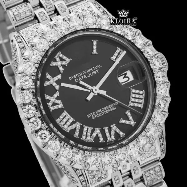 Roman Numerals Black Dial Diamond Link Strap Moissanite Watch Close Up Dial View