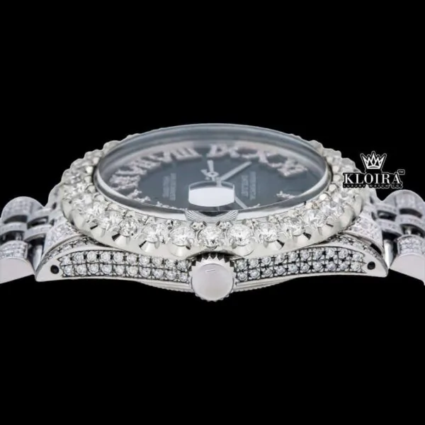 Roman Numerals Black Dial Diamond Link Strap Moissanite Watch Crown View