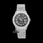 Roman Numerals Black Dial Diamond Link Strap Moissanite Watch