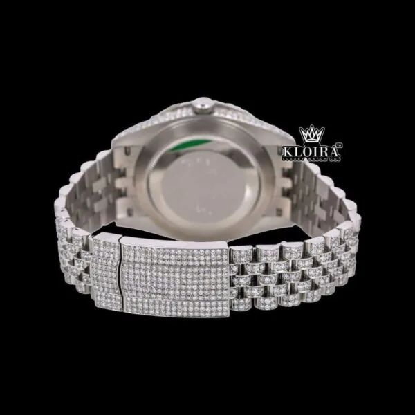 Roman Numerals Blue Dial Diamond Link Strap Fully Iced Out Moissanite Watch Caseback View