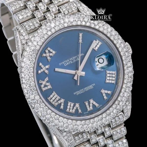Roman Numerals Blue Dial Diamond Link Strap Fully Iced Out Moissanite Watch Close Up Dial View