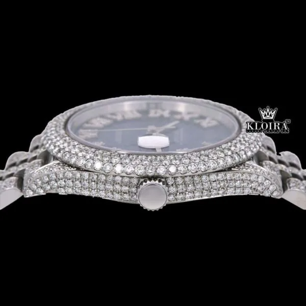 Roman Numerals Blue Dial Diamond Link Strap Fully Iced Out Moissanite Watch Crown View