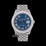 Roman Numerals Blue Dial Diamond Link Strap Fully Iced Out Moissanite Watch