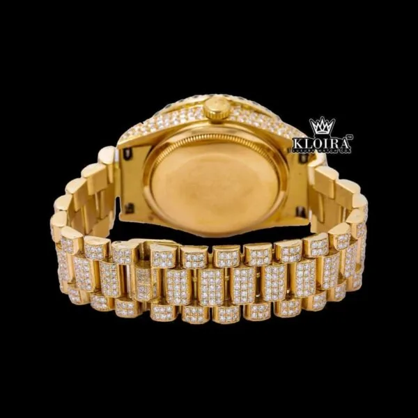 Roman Numerals Blue Dial Yellow Gold Iced Out Moissanite Watch Caseback View