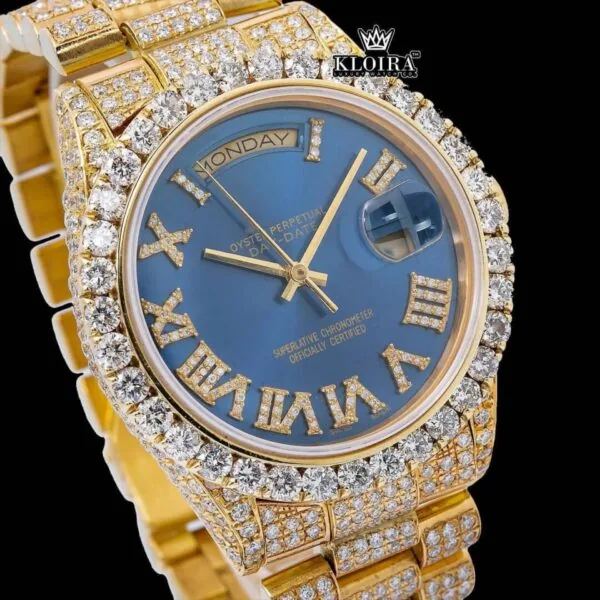 Roman Numerals Blue Dial Yellow Gold Iced Out Moissanite Watch Close Up Dial View
