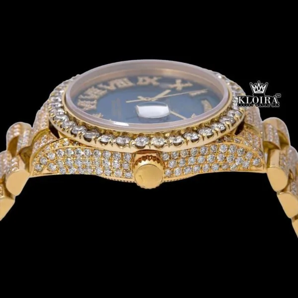 Roman Numerals Blue Dial Yellow Gold Iced Out Moissanite Watch Crown View