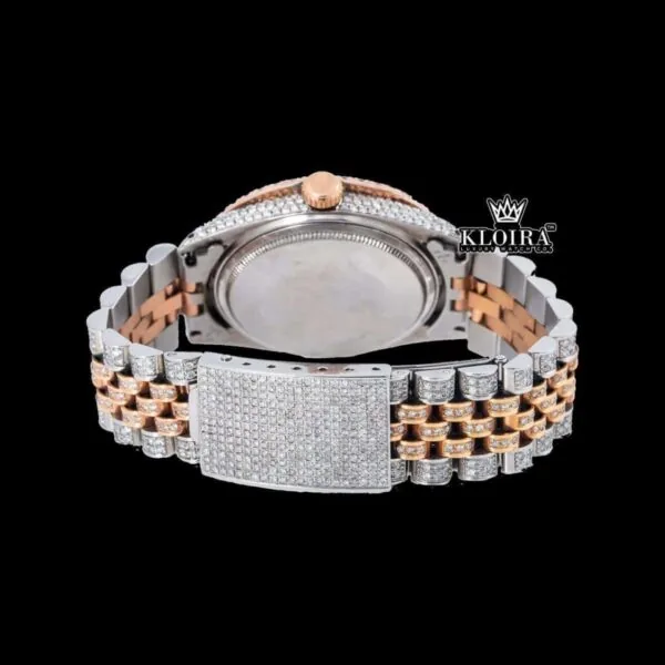 Roman Numerals Brown Dial Two Tone Iced Out Moissanite Watch Caseback View