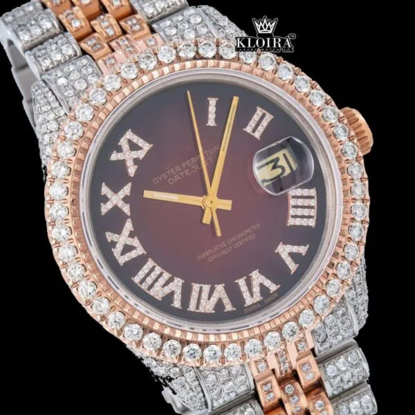 Roman Numerals Brown Dial Two Tone Iced Out Moissanite Watch Close Up Dial View