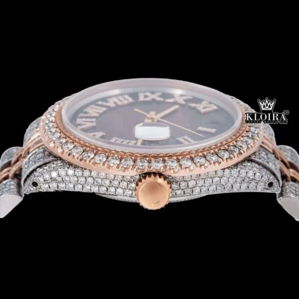 Roman Numerals Brown Dial Two Tone Iced Out Moissanite Watch Crown View