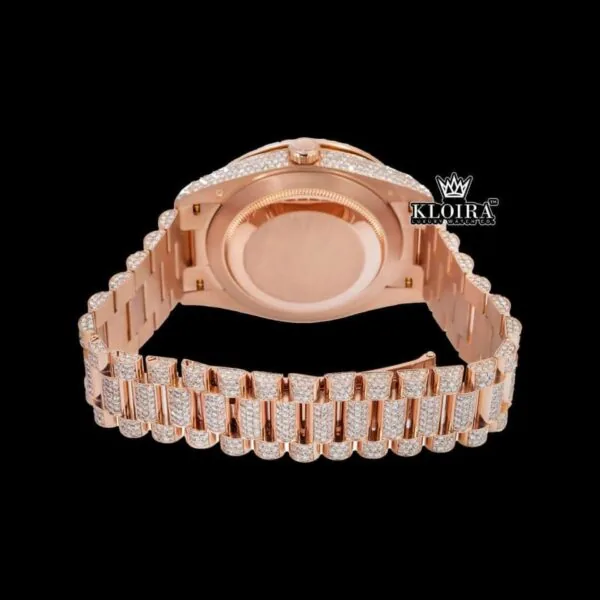 Roman Numerals Dial Day Date Display Rose Gold Iced Out Moissanite Watch Caseback View