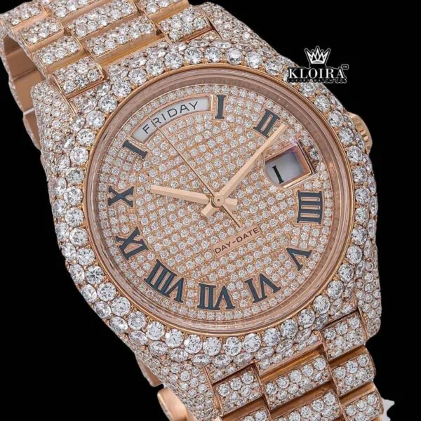 Roman Numerals Dial Day Date Display Rose Gold Iced Out Moissanite Watch Close Up Dial View~