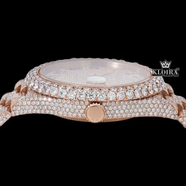 Roman Numerals Dial Day Date Display Rose Gold Iced Out Moissanite Watch Crown View