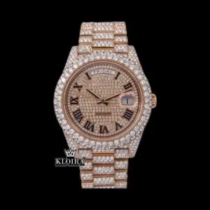 Roman Numerals Dial Day Date Display Rose Gold Iced Out Moissanite Watch