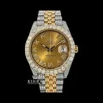 Roman Numerals Dial Diamond Bezel Two Tone Yellow Gold Moissanite Watch