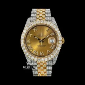 Roman Numerals Dial Diamond Bezel Two Tone Yellow Gold Moissanite Watch