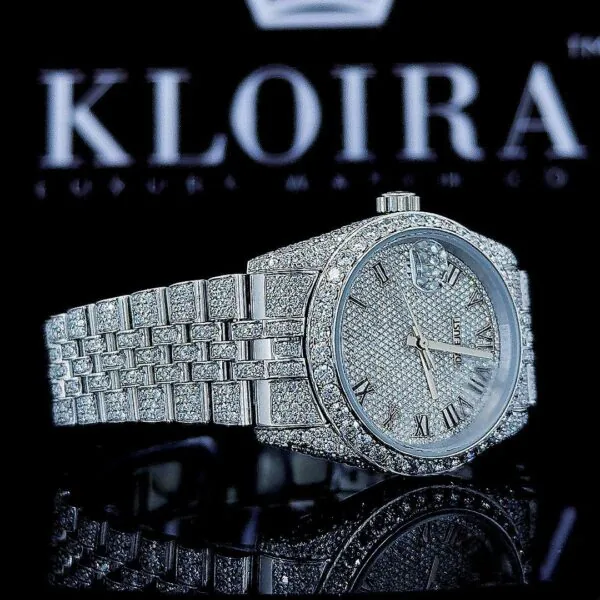 Roman Numerals Fully Iced Out White Dial Moissanite Diamond Watch Right Profile View