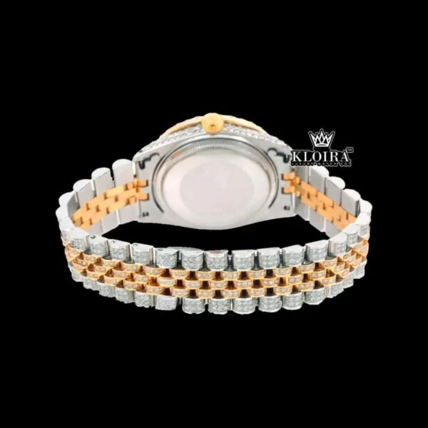Roman Numerals Green Dial Two Tone Iced Out Moissanite Watch Caseback View