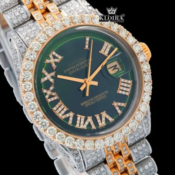 Roman Numerals Green Dial Two Tone Iced Out Moissanite Watch Close Up Dial View