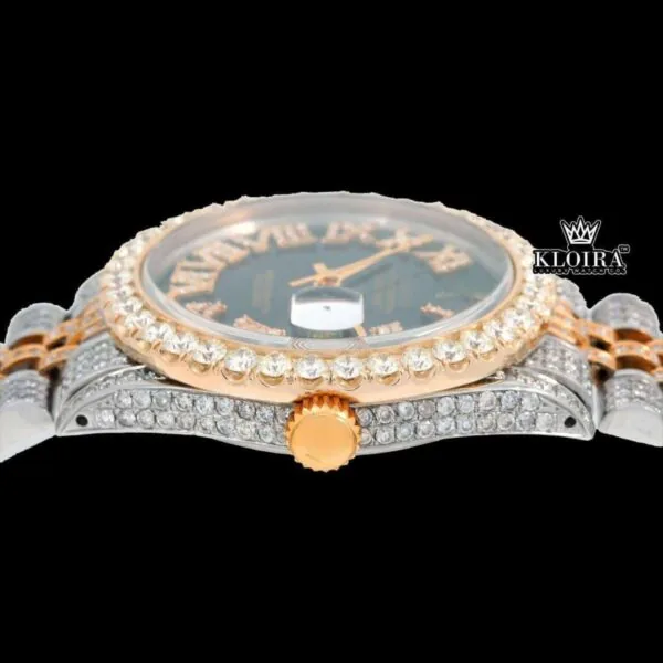 Roman Numerals Green Dial Two Tone Iced Out Moissanite Watch Crown View
