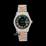 Roman Numerals Green Dial Two Tone Iced Out Moissanite Watch